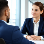 A professional female business consultant, fully clothed in a modest business suit, seated across from a male client in a modern, well-lit office. She is leaning slightly forward, engaged in active listening with an empathetic and understanding expression, while the client speaks. The scene emphasizes deep understanding and trust-building, representing the "Unlock Mindset" and "Heart of Service" aspects of consulting. The background is clean and professional, with blurred office elements. Perfect anatomy, correct proportions, natural pose, well-formed hands, proper finger count, natural body proportions. Professional photography, high quality, safe for work, appropriate content, family-friendly.