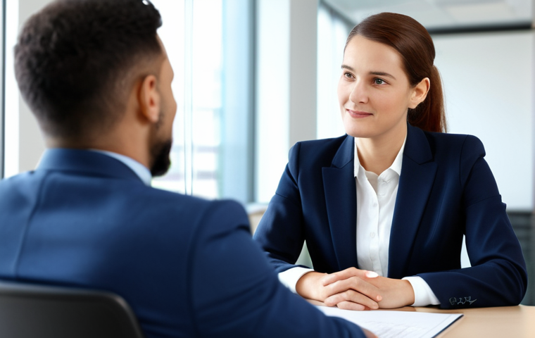 A professional female business consultant, fully clothed in a modest business suit, seated across from a male client in a modern, well-lit office. She is leaning slightly forward, engaged in active listening with an empathetic and understanding expression, while the client speaks. The scene emphasizes deep understanding and trust-building, representing the "Unlock Mindset" and "Heart of Service" aspects of consulting. The background is clean and professional, with blurred office elements. Perfect anatomy, correct proportions, natural pose, well-formed hands, proper finger count, natural body proportions. Professional photography, high quality, safe for work, appropriate content, family-friendly.