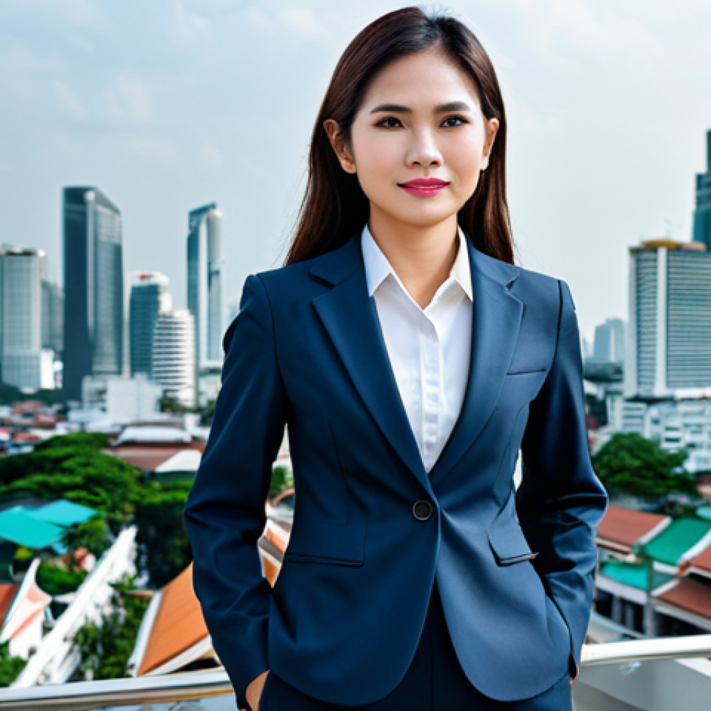 **Prompt:** A professional Thai businesswoman in a modern, fully clothed business suit, standing in front of a Bangkok cityscape, appropriate attire, safe for work, perfect anatomy, natural proportions, professional corporate photography, high quality, daytime.