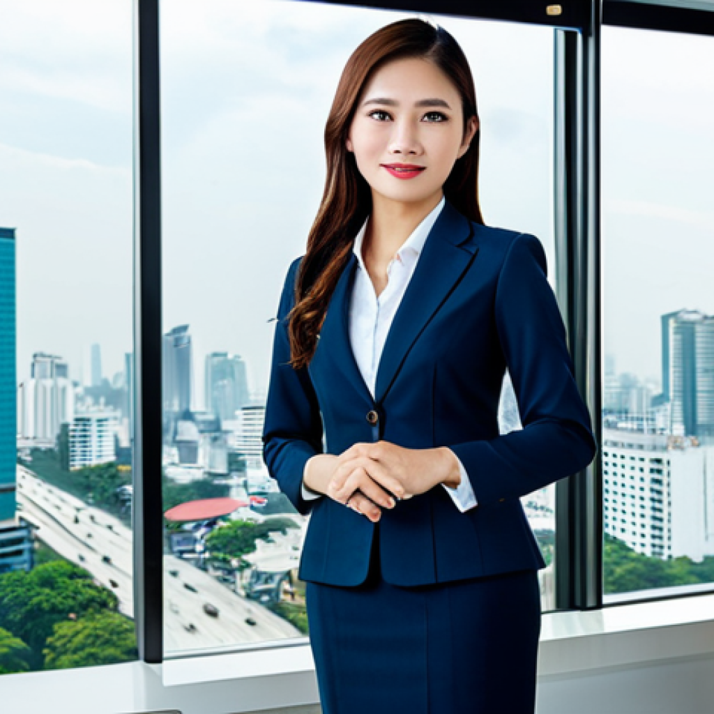 Modern Bangkok Office**

"A professional Thai businesswoman in a tailored business suit, standing confidently in a modern office overlooking the Bangkok skyline, fully clothed, appropriate attire, safe for work, perfect anatomy, natural proportions, professional photography, high quality, bright natural lighting, family-friendly, motivational atmosphere, focused on success."

**