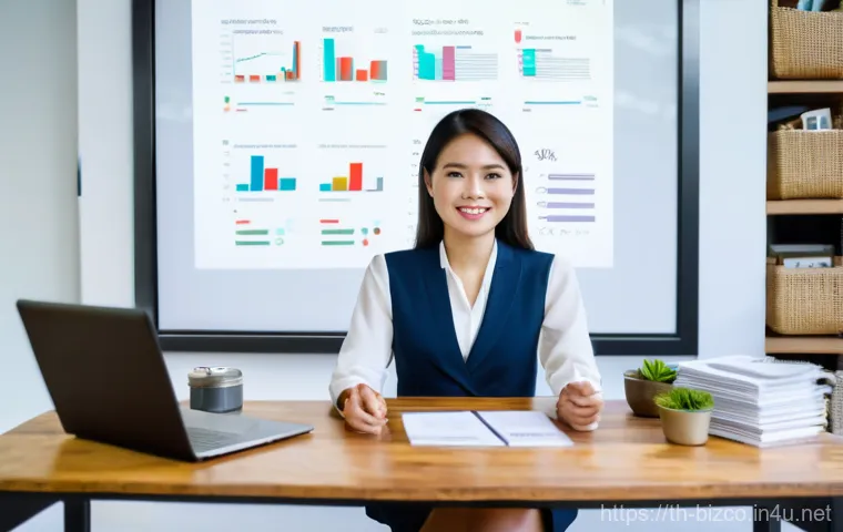 기업경영지도사와 고객 데이터 관리 - **Prompt:** A young Thai female entrepreneur in her late 20s to early 30s, wearing smart casual busi...