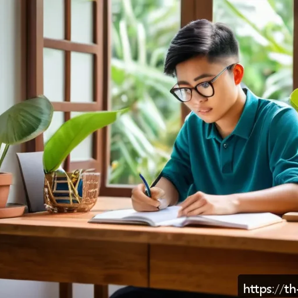 기업경영지도사 필기시험 필수 개념 - A focused Thai student studying at a traditional wooden desk in a cozy room, morning sunlight stream...