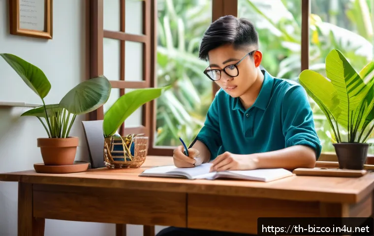 기업경영지도사 필기시험 필수 개념 - A focused Thai student studying at a traditional wooden desk in a cozy room, morning sunlight stream...