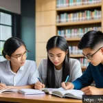 Home 21 기업경영지도사 시험 준비 스터디 방법 - A diverse group of young Thai students studying together in a modern, quiet library room with large ...