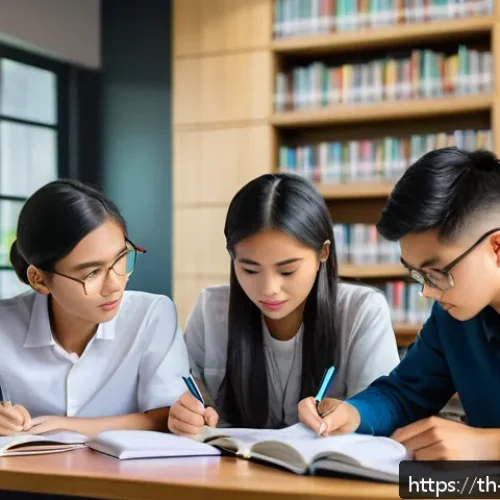 Home 33 기업경영지도사 시험 준비 스터디 방법 - A diverse group of young Thai students studying together in a modern, quiet library room with large ...