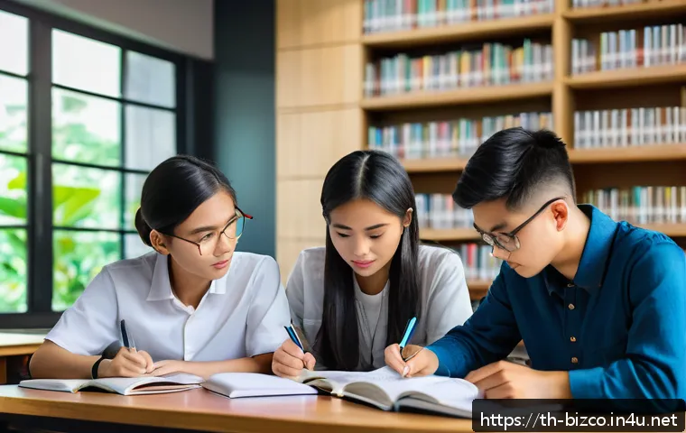 기업경영지도사 시험 준비 스터디 방법 - A diverse group of young Thai students studying together in a modern, quiet library room with large ...