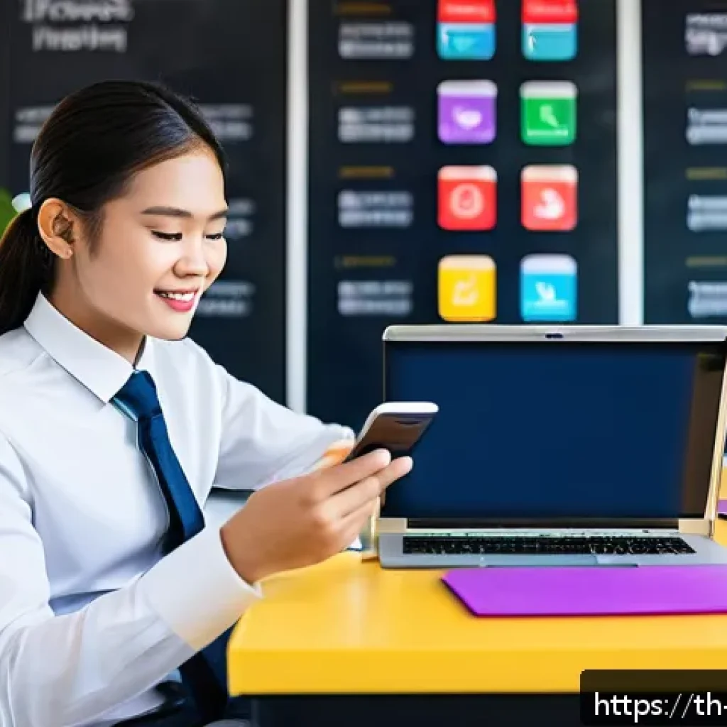 기업경영지도사 자격증 공부 필수 앱 - A modern, vibrant digital classroom setting featuring a young Thai business student using a sleek sm...