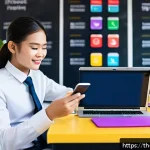 Home 20 기업경영지도사 자격증 공부 필수 앱 - A modern, vibrant digital classroom setting featuring a young Thai business student using a sleek sm...