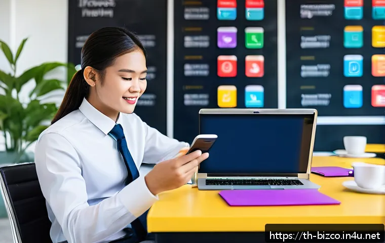 기업경영지도사 자격증 공부 필수 앱 - A modern, vibrant digital classroom setting featuring a young Thai business student using a sleek sm...