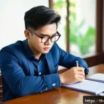Home 19 기업경영지도사 필기시험 실전 전략 - A focused young Thai business student sitting at a wooden desk in a quiet, sunlit room, wearing smar...