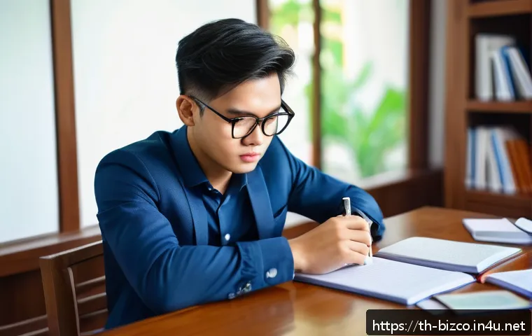 기업경영지도사 필기시험 실전 전략 - A focused young Thai business student sitting at a wooden desk in a quiet, sunlit room, wearing smar...