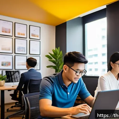 Home 17 기업경영지도사와 기업 회계 사례 - A modern Thai small business office scene featuring a diverse team of professionals collaborating us...