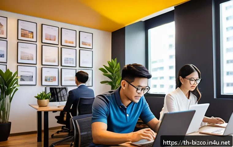 기업경영지도사와 기업 회계 사례 - A modern Thai small business office scene featuring a diverse team of professionals collaborating us...